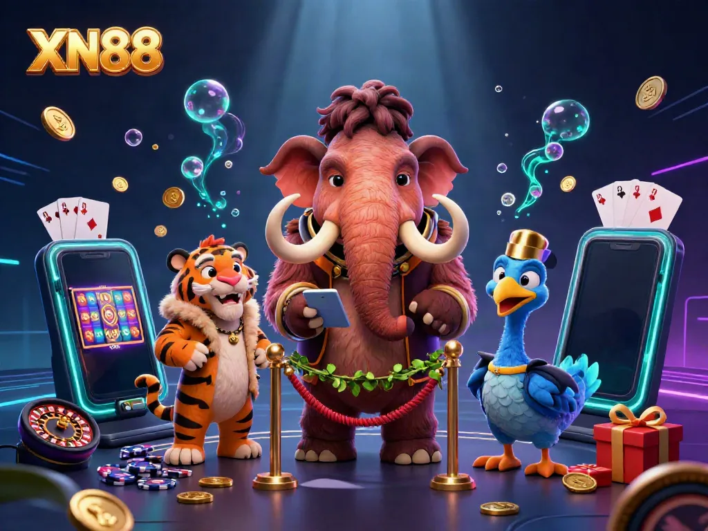Experience the vibrant world of XN88 with a mammoth bouncer and colorful slot games in a rich casino scene.