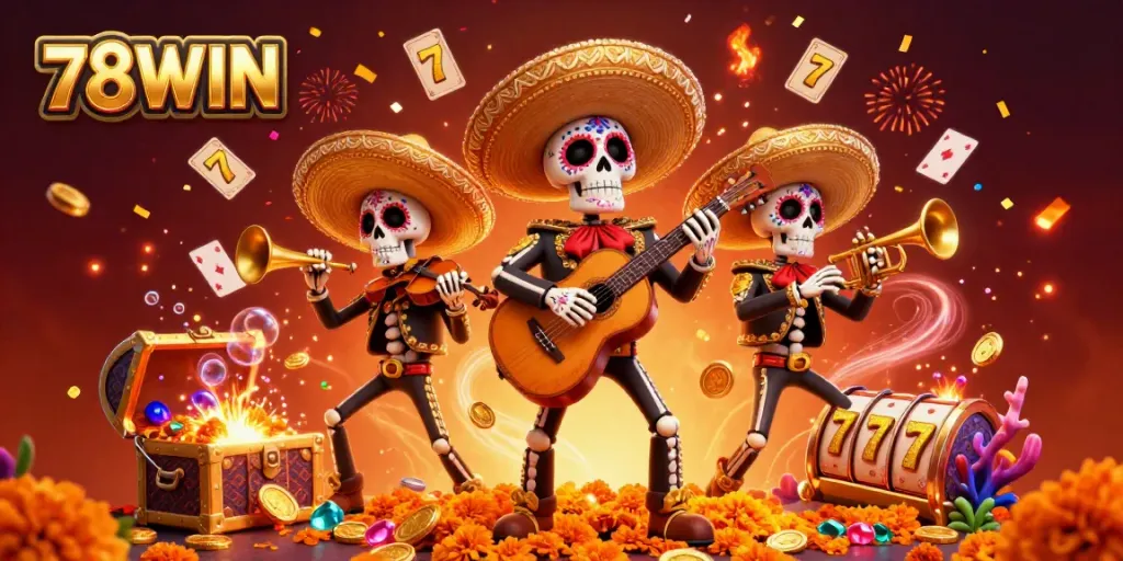 Experience the thrilling world of 78WIN with this vibrant 3D illustration of a mariachi band amidst colorful casino elements.