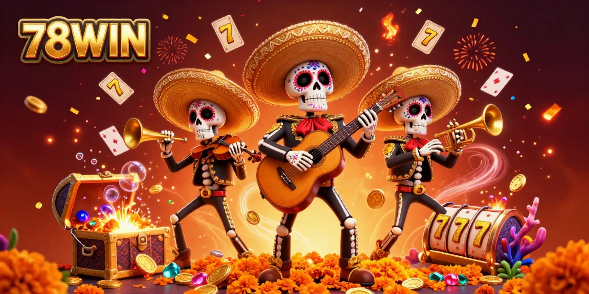 Experience the thrilling world of 78WIN with this vibrant 3D illustration of a mariachi band amidst colorful casino elements.