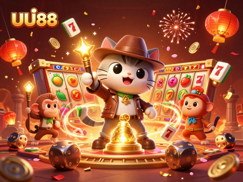 Experience thrilling gameplay at UU88 as a cartoon explorer discovers golden casino treasures surrounded by vibrant slot reels and festive decor.
