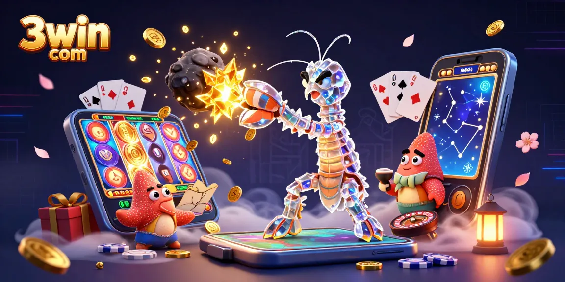 Engage with 3win com's thrilling casino action through a dynamic 3D illustration showcasing vibrant gaming elements.