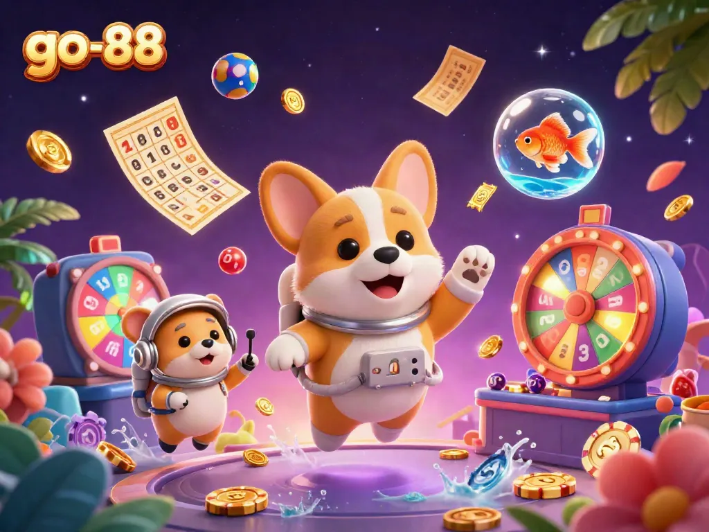Join the excitement at go-88, where vibrant casino elements and playful characters create an entertaining scene.