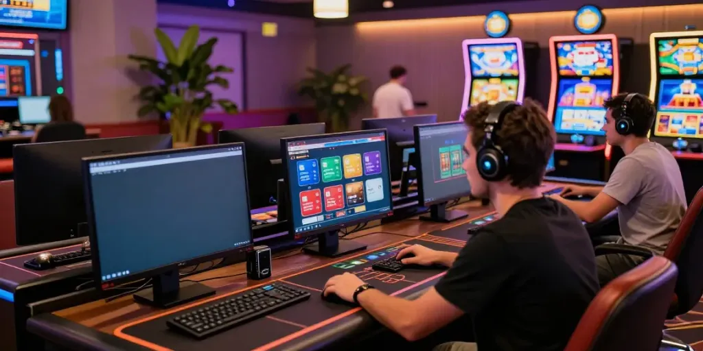 Exciting scene at online casinos that accept credit card with player gaming at multiple monitors.