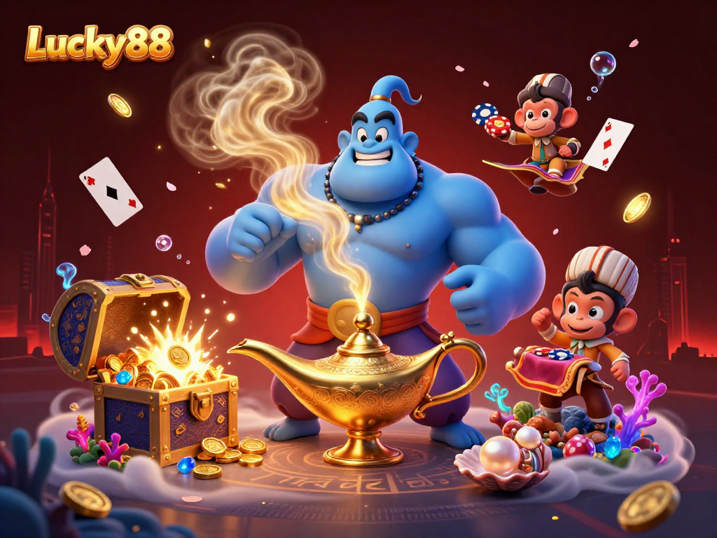 Engage with Lucky88's vibrant casino experience featuring a genie, monkey, and poker chips in a magical scene.