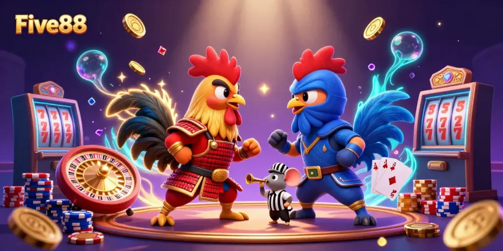 Five88 showcases a dynamic standoff between cartoon roosters in a casino, emphasizing thrilling gaming.