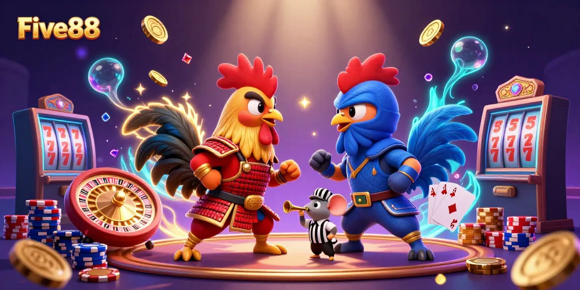 Five88 showcases a dynamic standoff between cartoon roosters in a casino, emphasizing thrilling gaming.