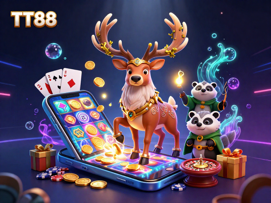 TT88 animated druid stag and wise badger enjoying a vibrant casino scene filled with slot games.