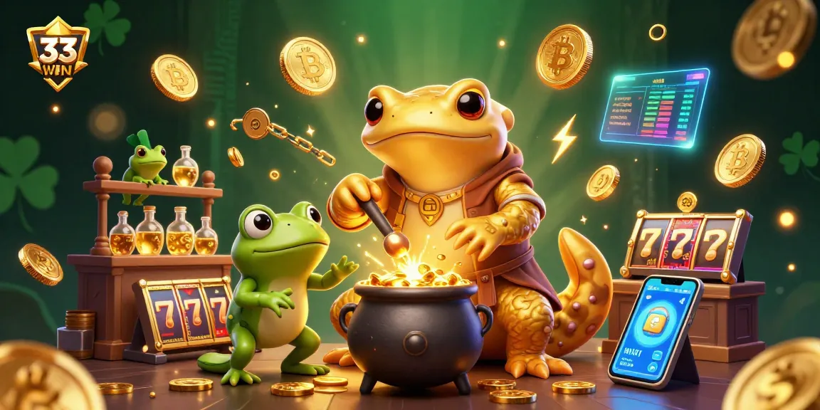 Engage in thrilling gameplay at 33WIN with a magical casino scene featuring vibrant gold and crypto elements.
