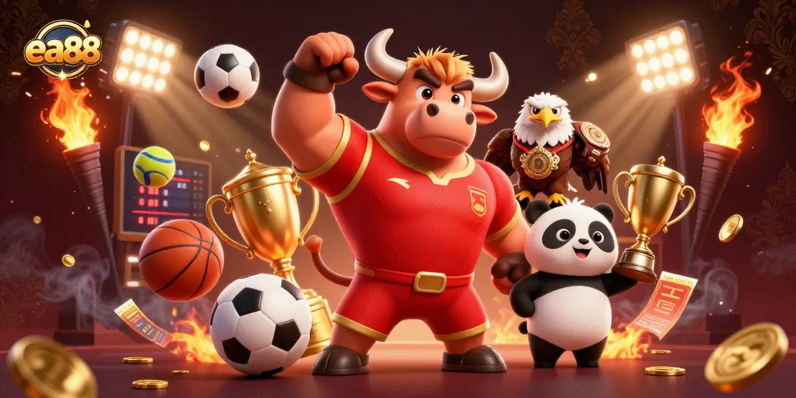 Engage in thrilling game play with ea88's vibrant 3D cartoon scene featuring a victorious bull mascot and gold sports elements.