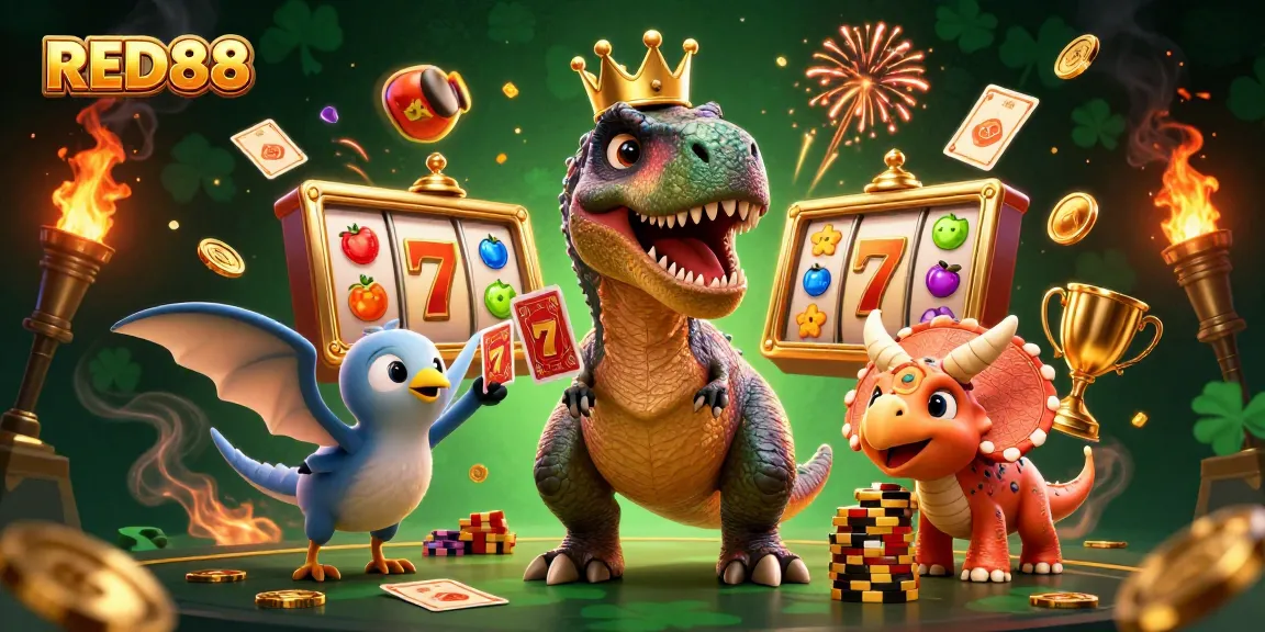 Engaging 3D illustration of a T-Rex and friends demonstrating the thrill of playing slot games at RED88.