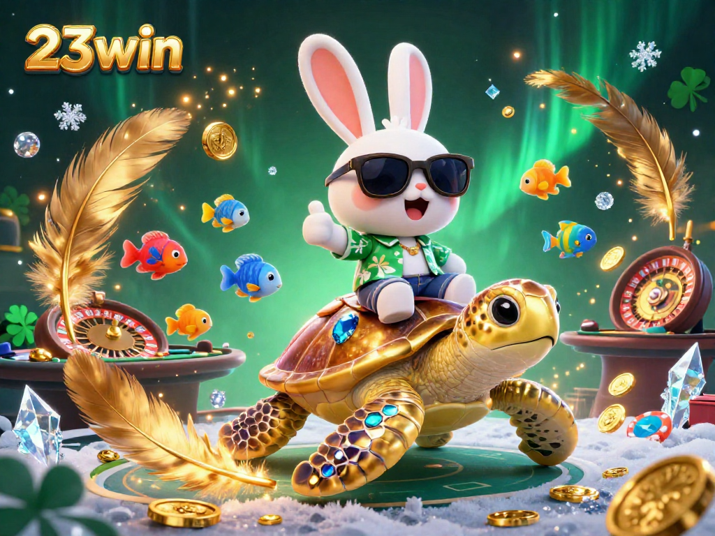 Join the fun at 23win with an exciting live casino scene featuring a lucky rabbit and turtle.