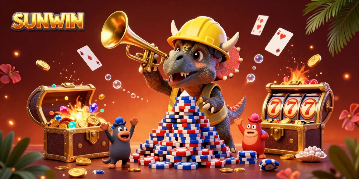 Win big with SUNWIN's exciting gambling scene featuring a triceratops in a hard hat and poker chips.