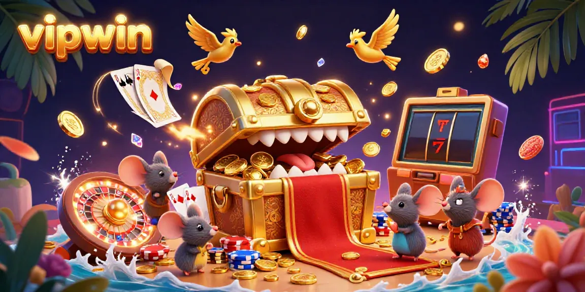 Excite with vipwin's vibrant casino charm, showcasing a treasure chest and casino elements.