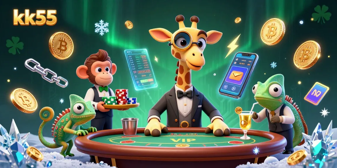 Experience thrilling gameplay at kk55 with a high-roller giraffe at a VIP poker table amidst vibrant casino elements.