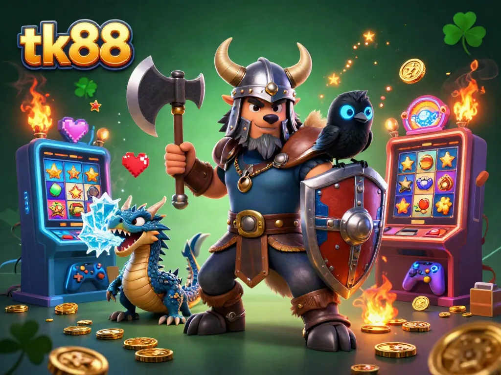 Engage with tk88 through this vibrant, action-packed casino illustration featuring a heroic wolf warrior, dragon, and ravens.