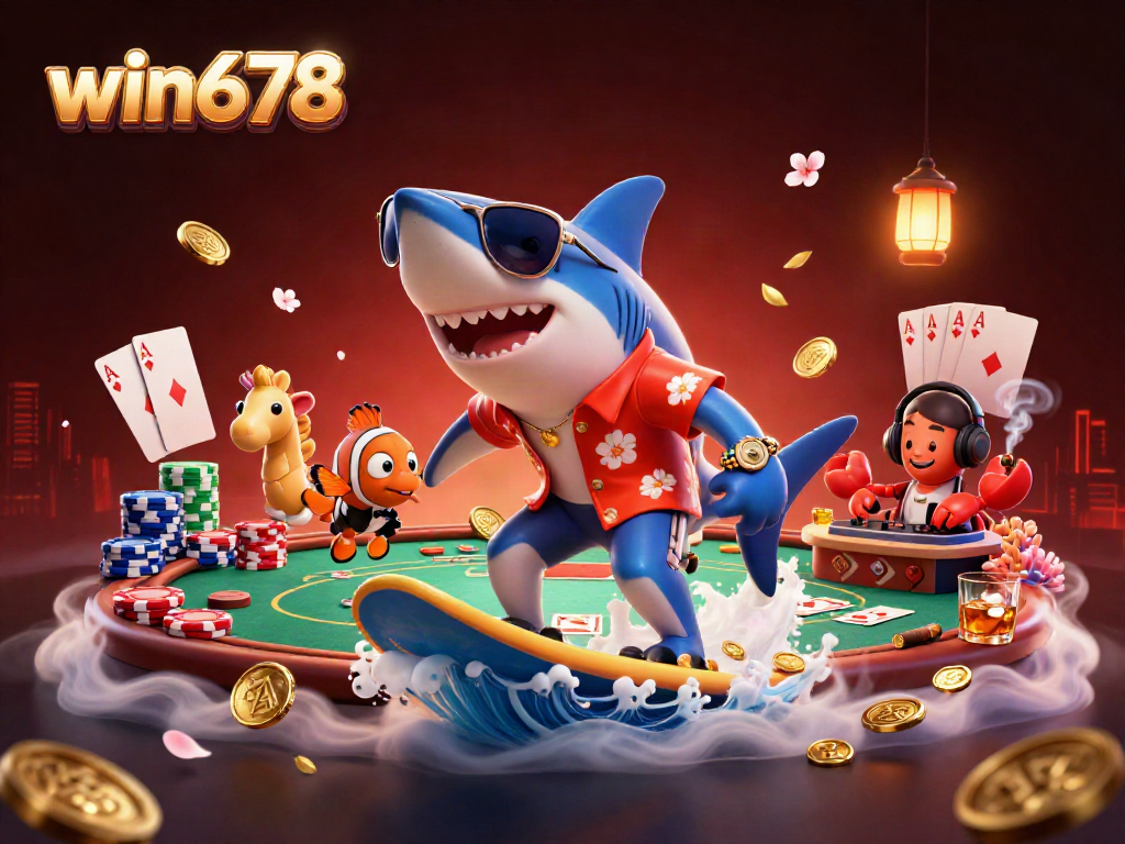 Win678 casino excitement with a shark surfing gold coins, showcasing poker elements and vibrant 3D design.
