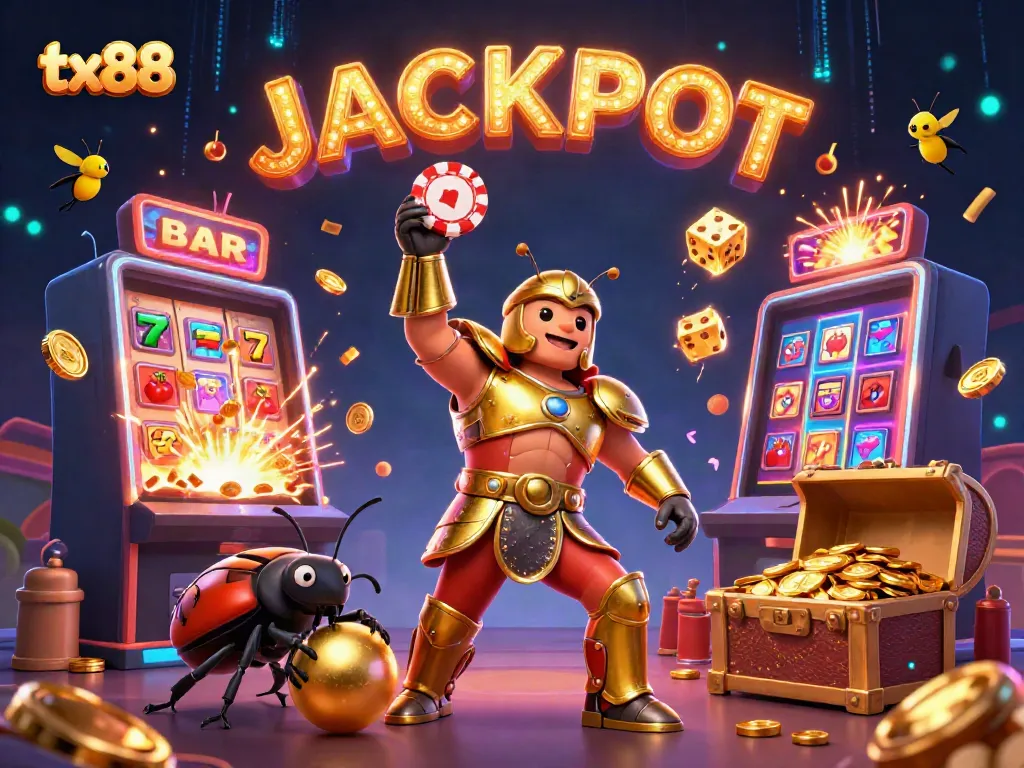 tx88 celebrates a jackpot victory with vibrant casino characters, collecting coins and prizes