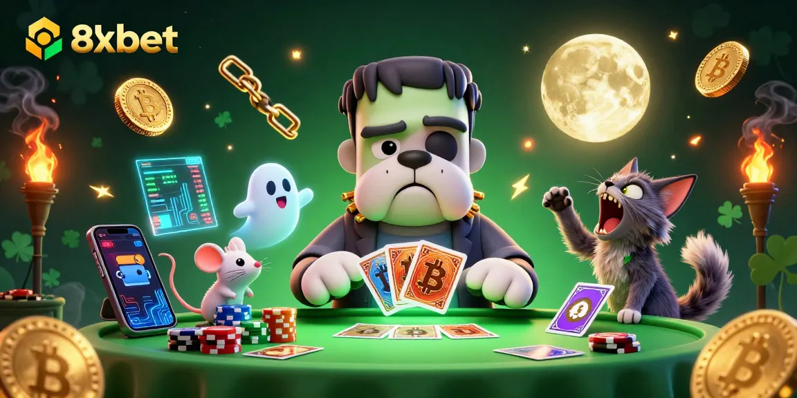 Join the excitement of 8xbet gaming with a spooky casino illustration featuring vibrant characters.