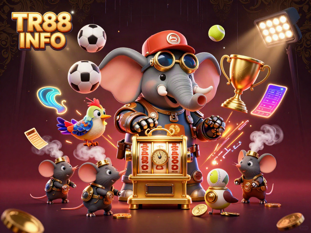 Engage with TR88 INFO by spinning the thrilling slot machine operated by a steampunk elephant in a vibrant gambling scene.