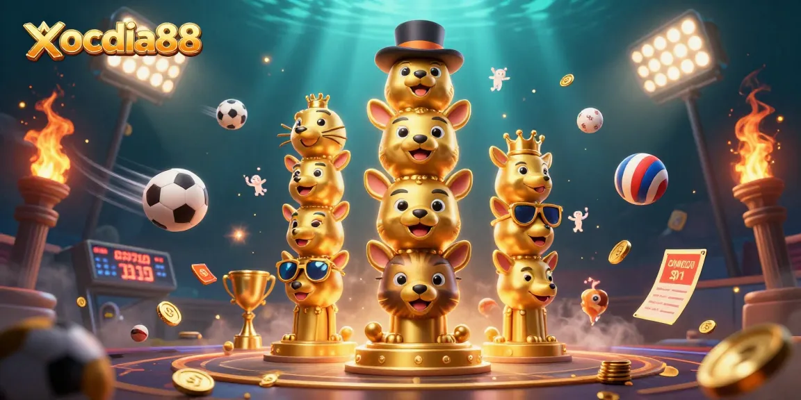 xocdia88 showcases a dynamic casino scene with lively characters, sports elements, and vibrant graphics.