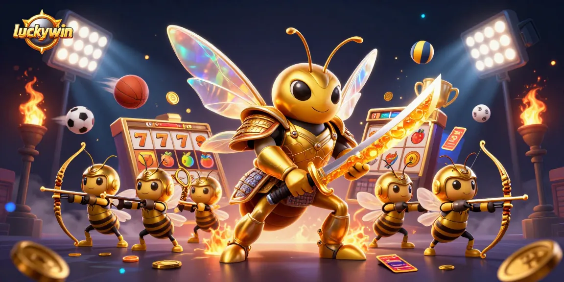 Experience exciting wins at luckywin with vibrant slot reels, sports elements, and unique characters.