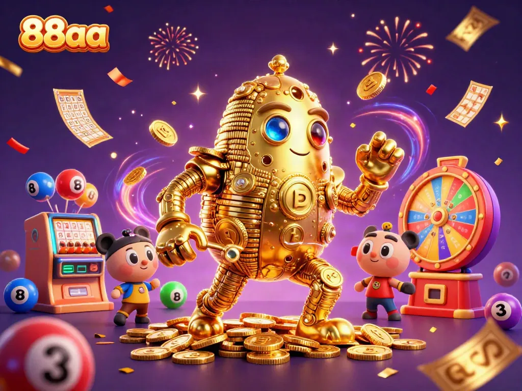Experience the excitement of 88aa with vibrant casino-themed illustrations featuring golden golems and lottery elements.