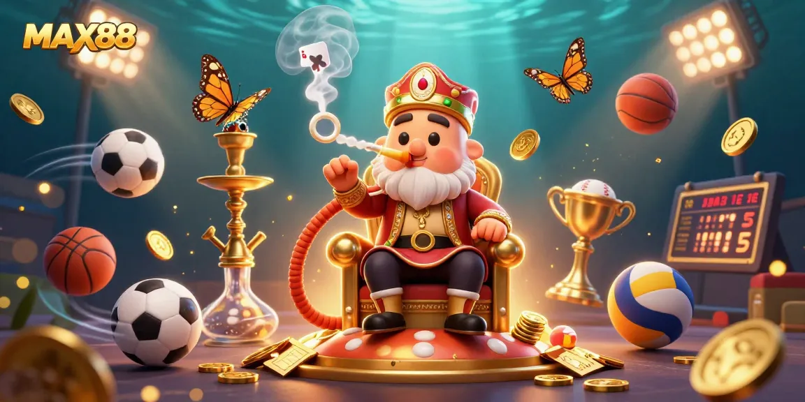 Engage with MAX88 in a vibrant 3D casino scene showcasing exciting game elements and a unique character.
