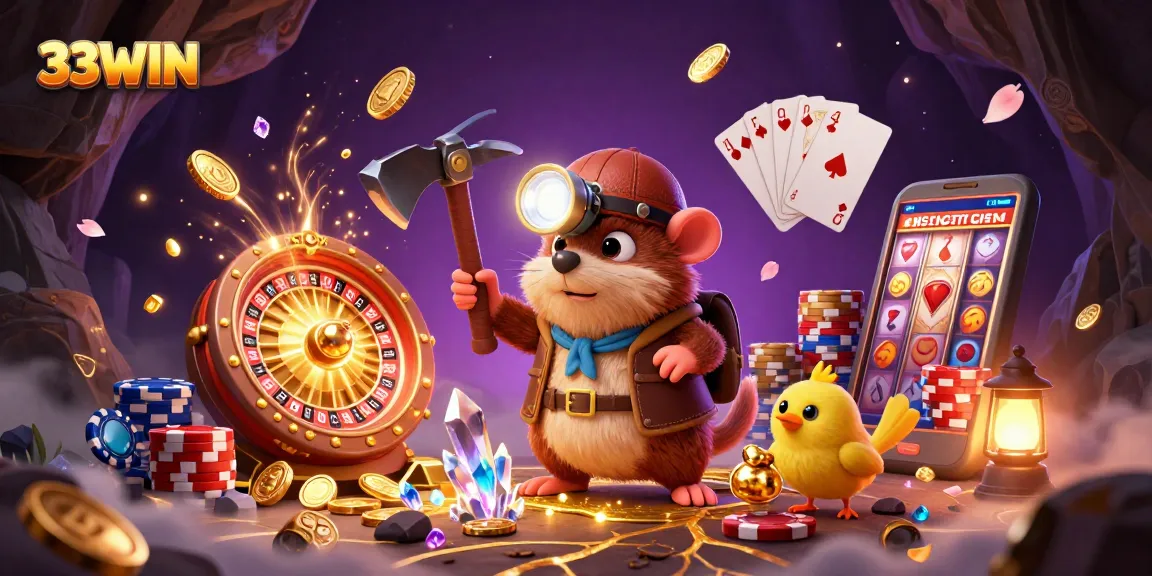 Experience the thrill with 33WIN, featuring cartoon characters enjoying a vibrant casino scene filled with golden treasures.