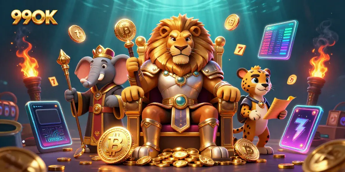 Experience the thrill of 99OK with a regal lion king and vibrant casino symbols.