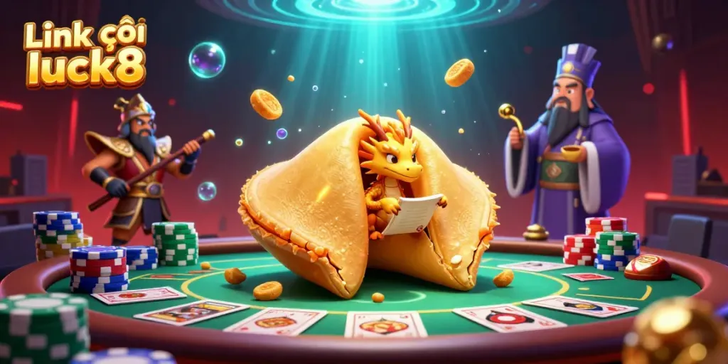 Engage with Link vào luck8 at this vibrant illustration showcasing a casino-themed fantasy scene, featuring a dragon and fortune cookie.