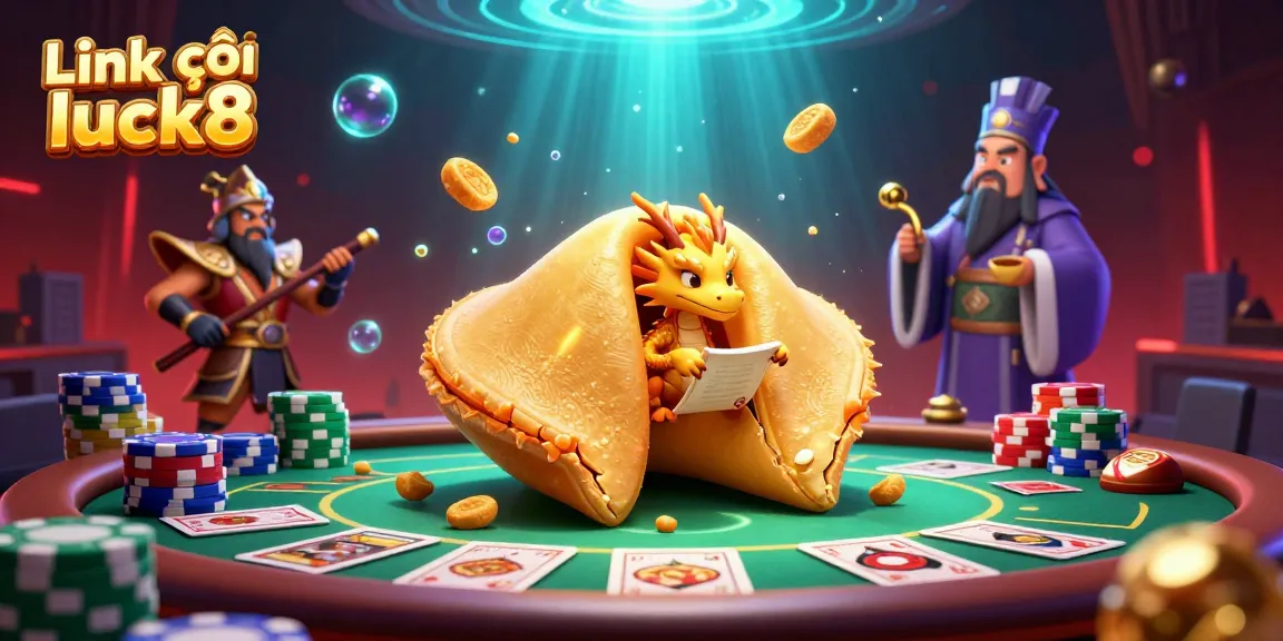 Engage with Link vào luck8 at this vibrant illustration showcasing a casino-themed fantasy scene, featuring a dragon and fortune cookie.