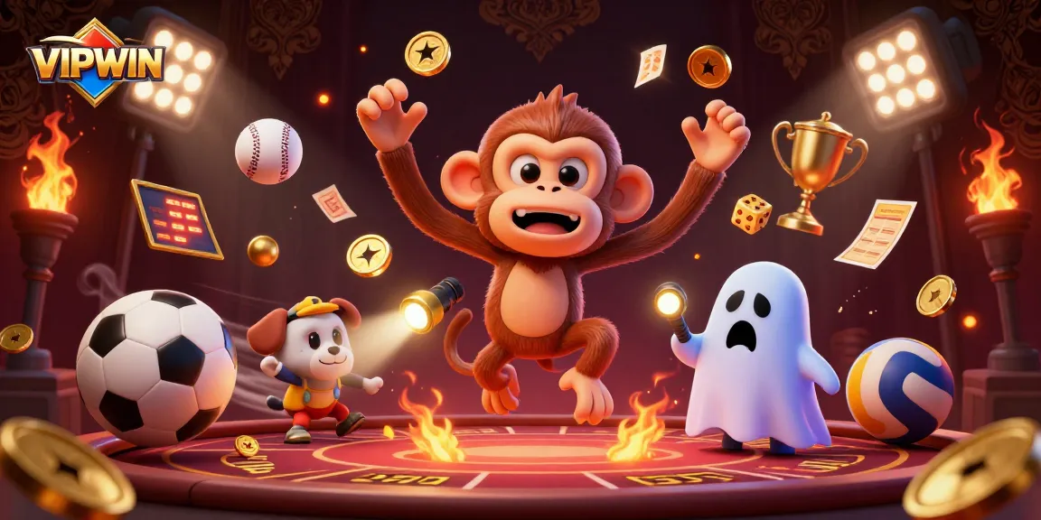Engage in thrilling gameplay at VIPWIN with a mischievous ghostly monkey amidst gold coins and dynamic sports elements.