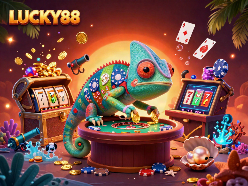 Experience the thrilling world of LUCKY88 with a colorful chameleon casino owner amidst sparkling slot elements.