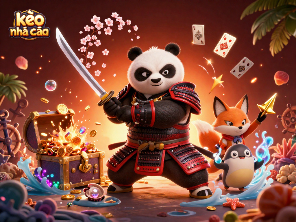 Engage in kèo nhà cái excitement with a vibrant 3D cartoon scene of samurai panda and ninja fox.