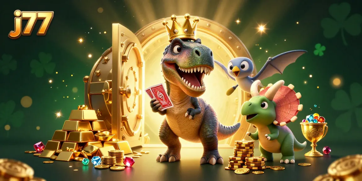 Engage in thrilling gameplay with j77, featuring a T-Rex shuffling cards in a rich casino scene.