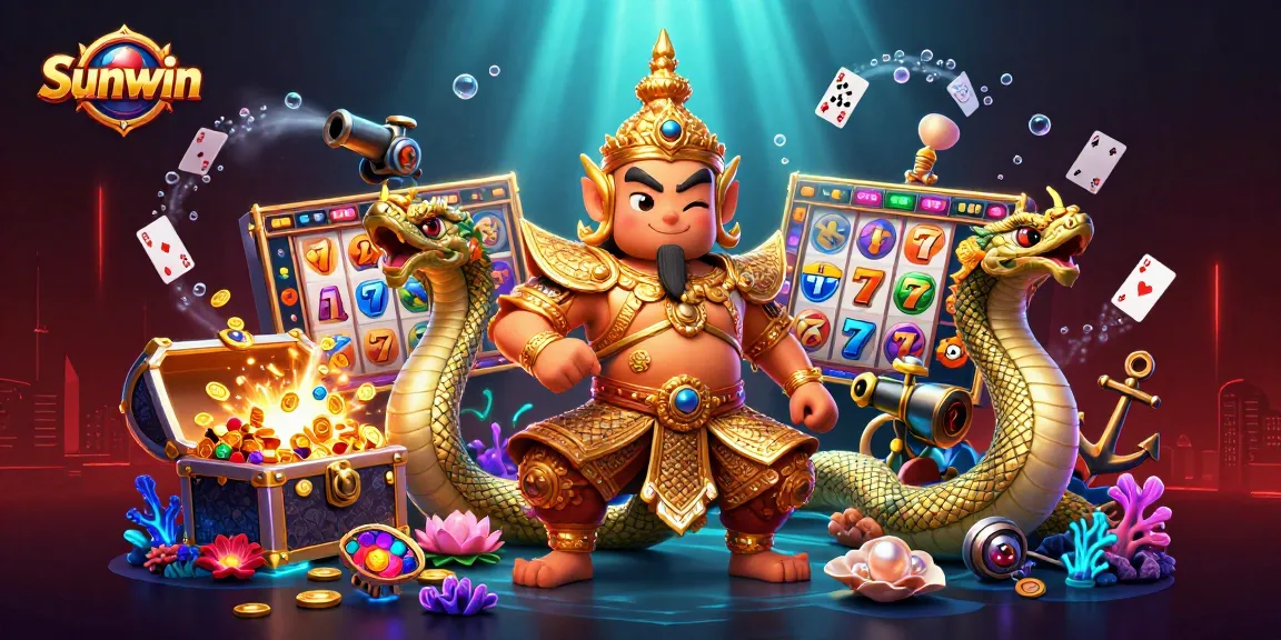 Experience thrilling wins at Sunwin with a vibrant 3D illustration of slot reels surrounded by lively characters.