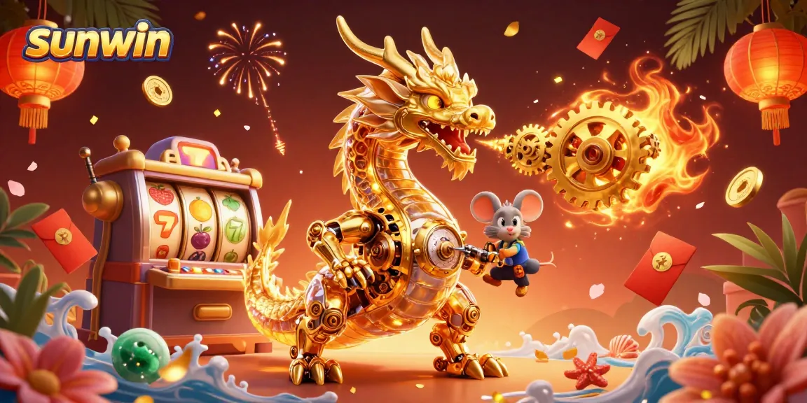 Engage in the magical world of sunwin with a golden dragon and vibrant casino symbols.