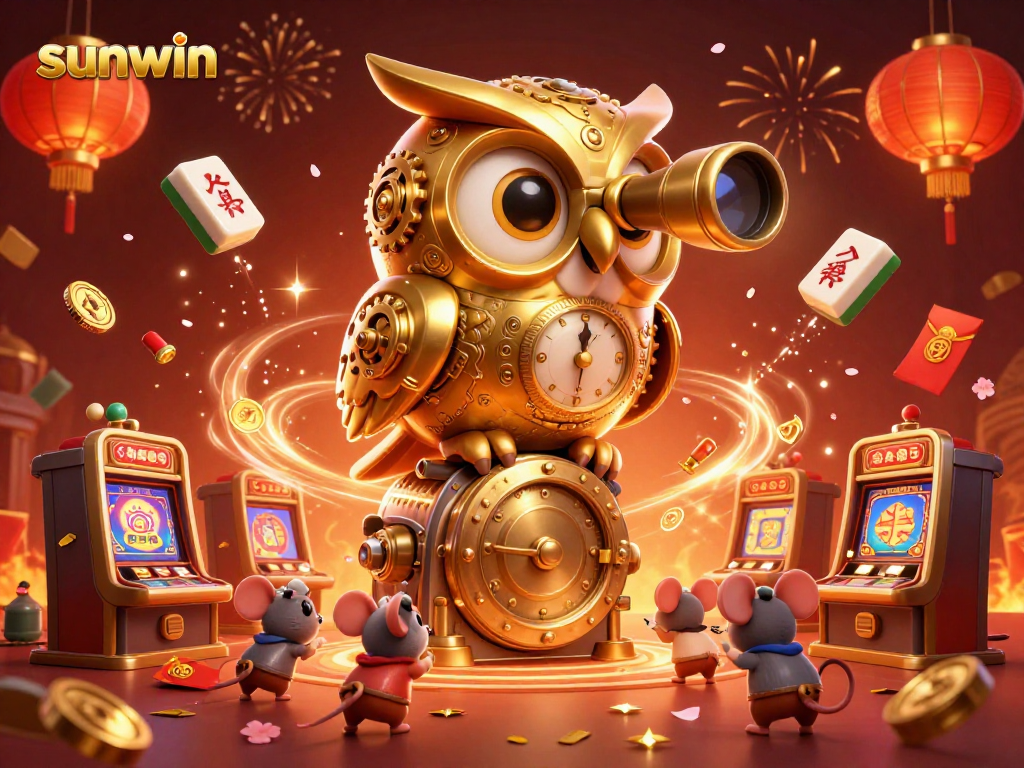 Experience the excitement of sunwin with a vibrant 3D casino scene featuring a clockwork owl and lively gaming elements.