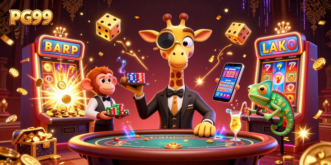 Play exciting casino games at PG99 with vibrant illustrations of a giraffe dealer and colorful slot machines.