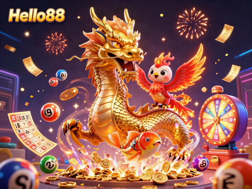 Experience the excitement of Hello88 with vibrant illustrations showcasing engaging gaming elements.
