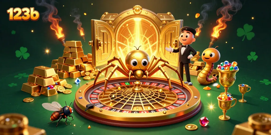 Bet big at 123b with cartoon characters interacting in a vibrant casino world filled with treasures.