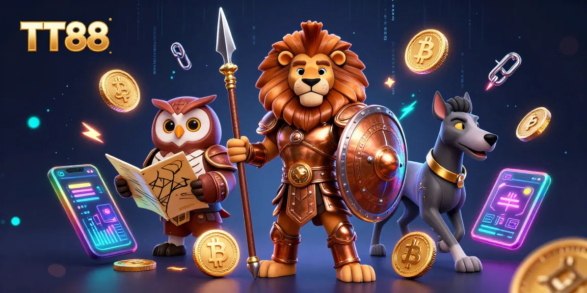 TT88 showcases epic casino elements with a Spartan lion, an owl, and a greyhound in a vibrant 3D scene