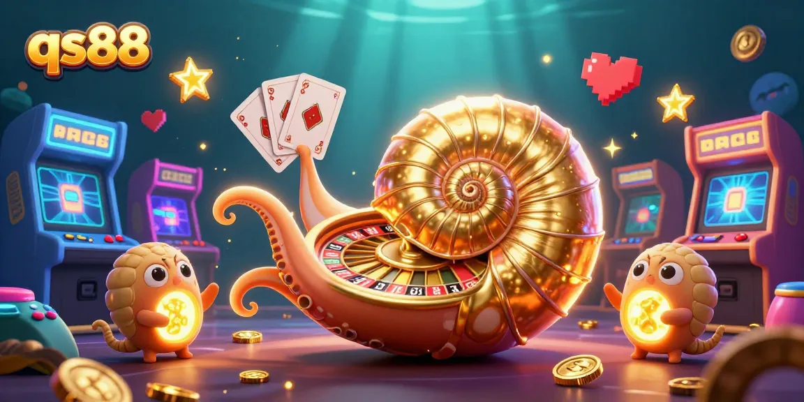 Engage with qs88’s immersive gaming world featuring a giant nautilus roulette wheel amidst vibrant arcade elements.