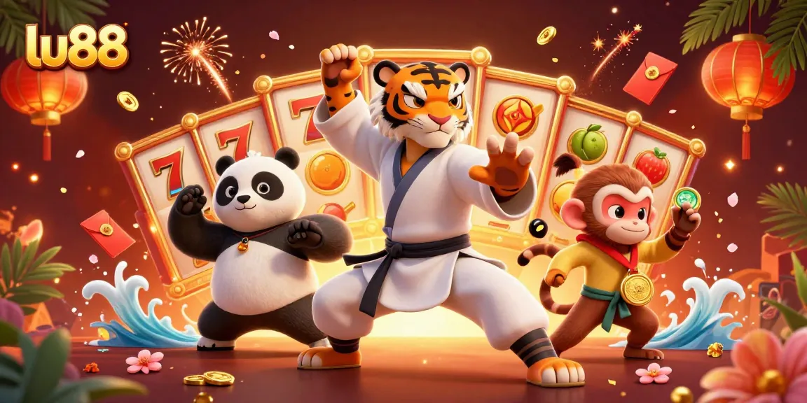Watch the lu88 kung fu tiger master lead a vibrant casino scene with slot reels and gold coins.