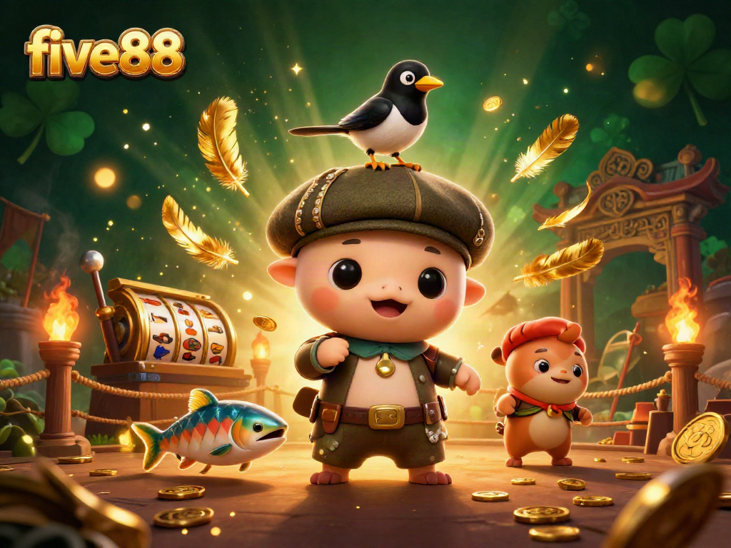 Engage in the lively scene of five88, where the baby Nessie and friends enjoy vibrant slots and casino elements.