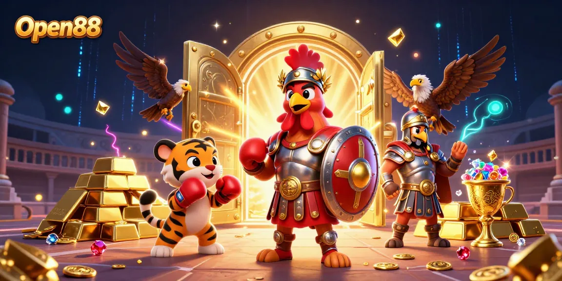 Open88 gladiator rooster battles in a vibrant casino scene filled with treasures and excitement.