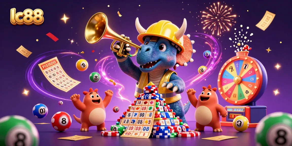 Experience thrilling gameplay with lc88 as a triceratops builds poker chips amid lottery excitement.