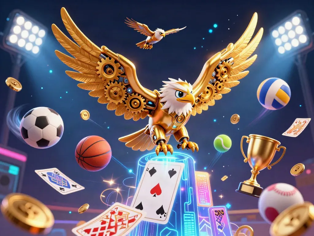 Experience thrilling gameplay with lx88 featuring a cybernetic eagle amidst dynamic sports elements in a vibrant 3D illustration.