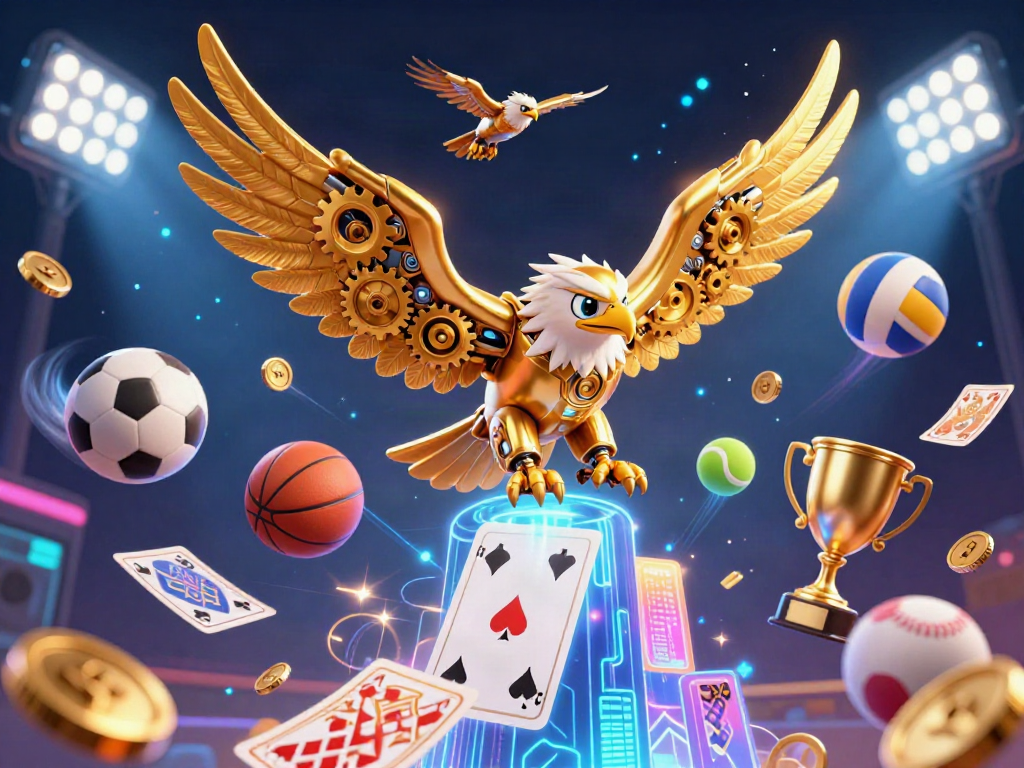 Experience thrilling gameplay with lx88 featuring a cybernetic eagle amidst dynamic sports elements in a vibrant 3D illustration.