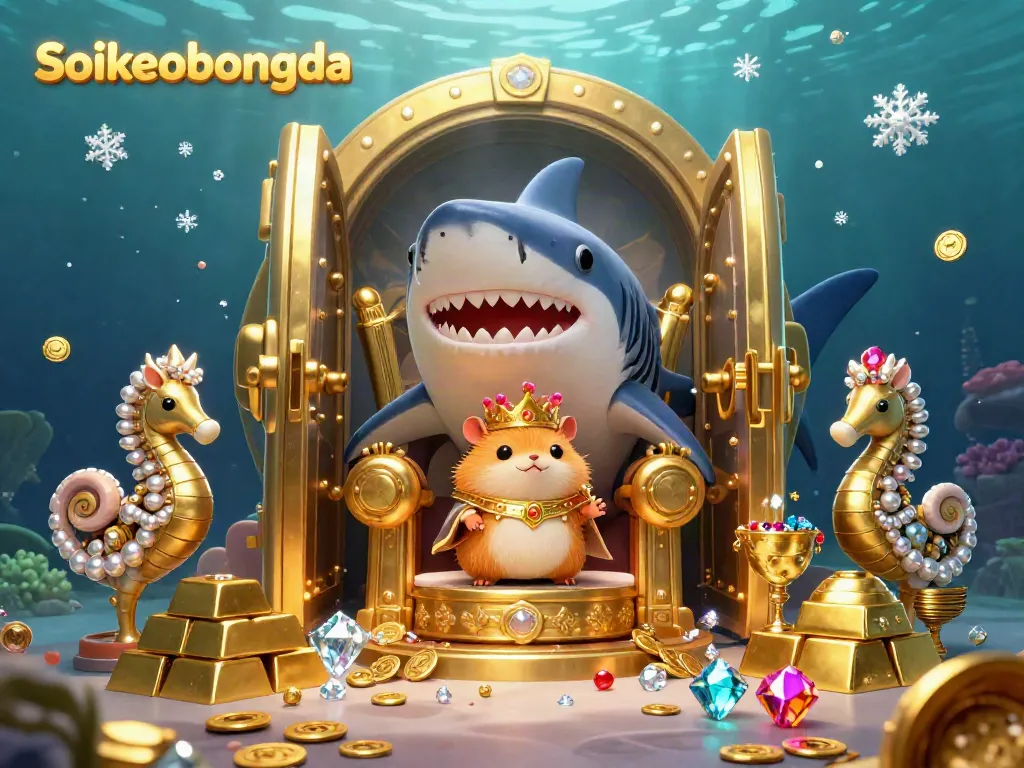 Experience Soikeobongda with the golden hamster king amid treasure and seahorse guards in a magical underwater scene.